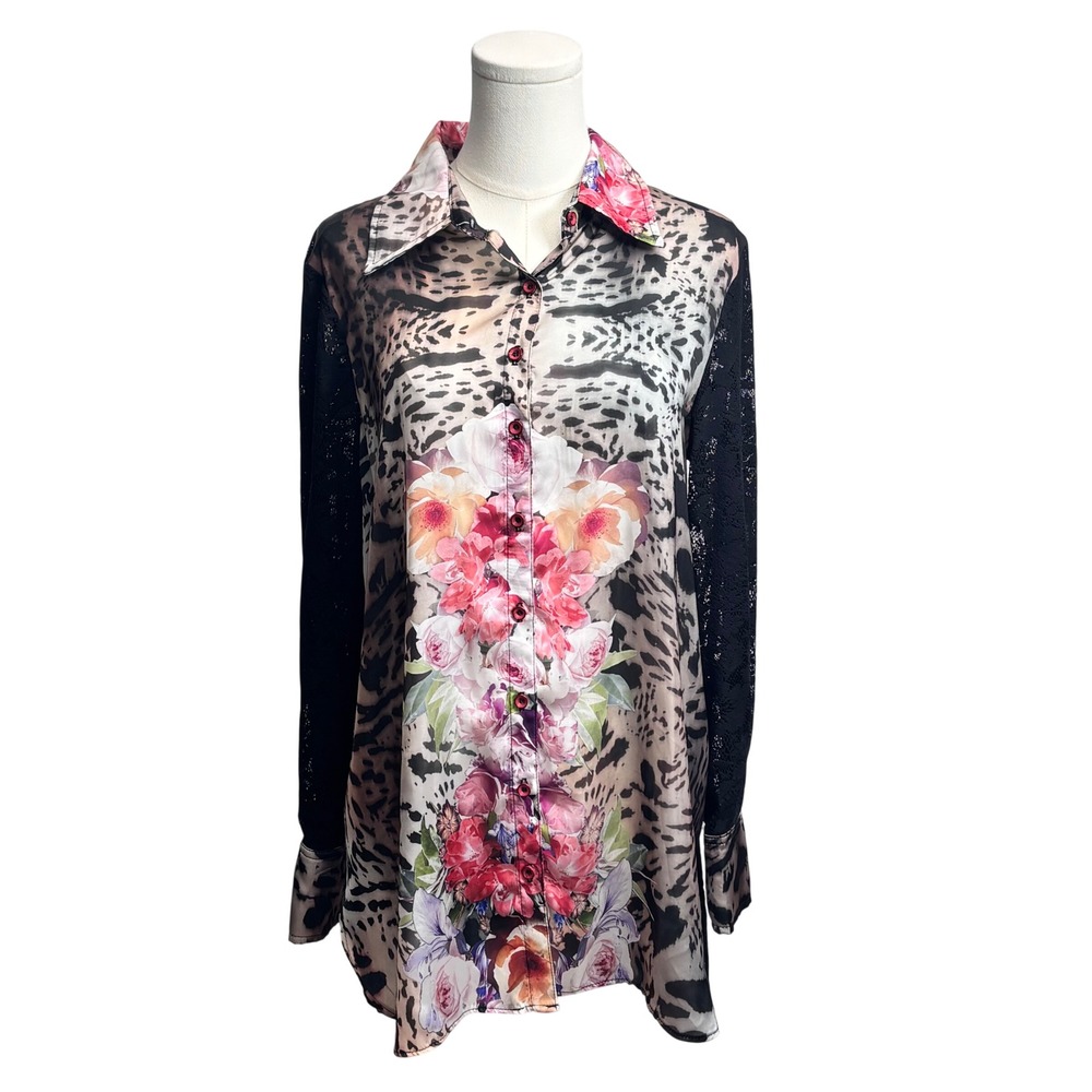 Artsy Art-to-wear Button Up Shirt‎ Colorful Leopard Black Lace Floral Boho S